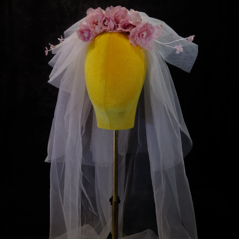 Elegant Korean-Inspired Pink Floral Bridal Veil with Tulle Skirt - Handmade Yarn for Weddings, Parties & Formal Events, Wedding Dress Accessory, Delicate Craftsmanship