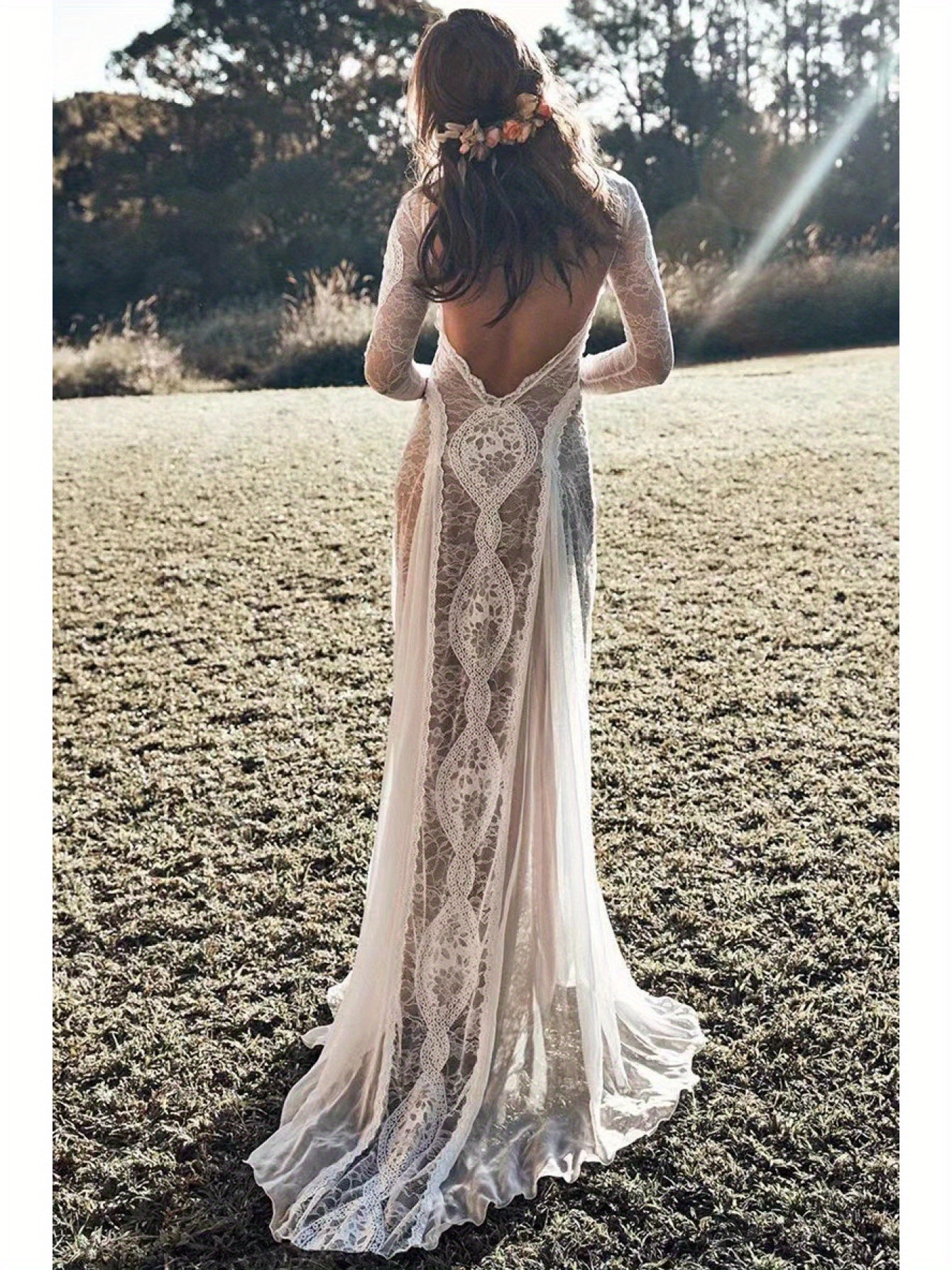 2025 European & American Women's Sexy Elegant Backless Lace Wedding Dress - Round Neck Long Sleeve A-Line Silhouette with Vertical Pleats, Machine Washable Bridal Gown for Weddings & Formal Events