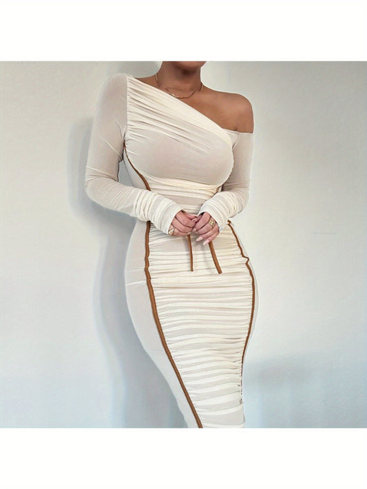 Asymmetric Neckline Diagonal Neckline Long Sleeve High Waist Empire Waist Mesh Overlay Tulle Dress Bridesmaid Dress Date Night Dress Elegance Sophistication Sexy Alluring Intelligent Refined Polished Office Wear Work Attire Fall Winter Wedding Guests