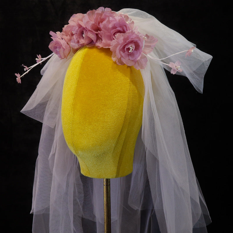 Elegant Korean-Inspired Pink Floral Bridal Veil with Tulle Skirt - Handmade Yarn for Weddings, Parties & Formal Events, Wedding Dress Accessory, Delicate Craftsmanship