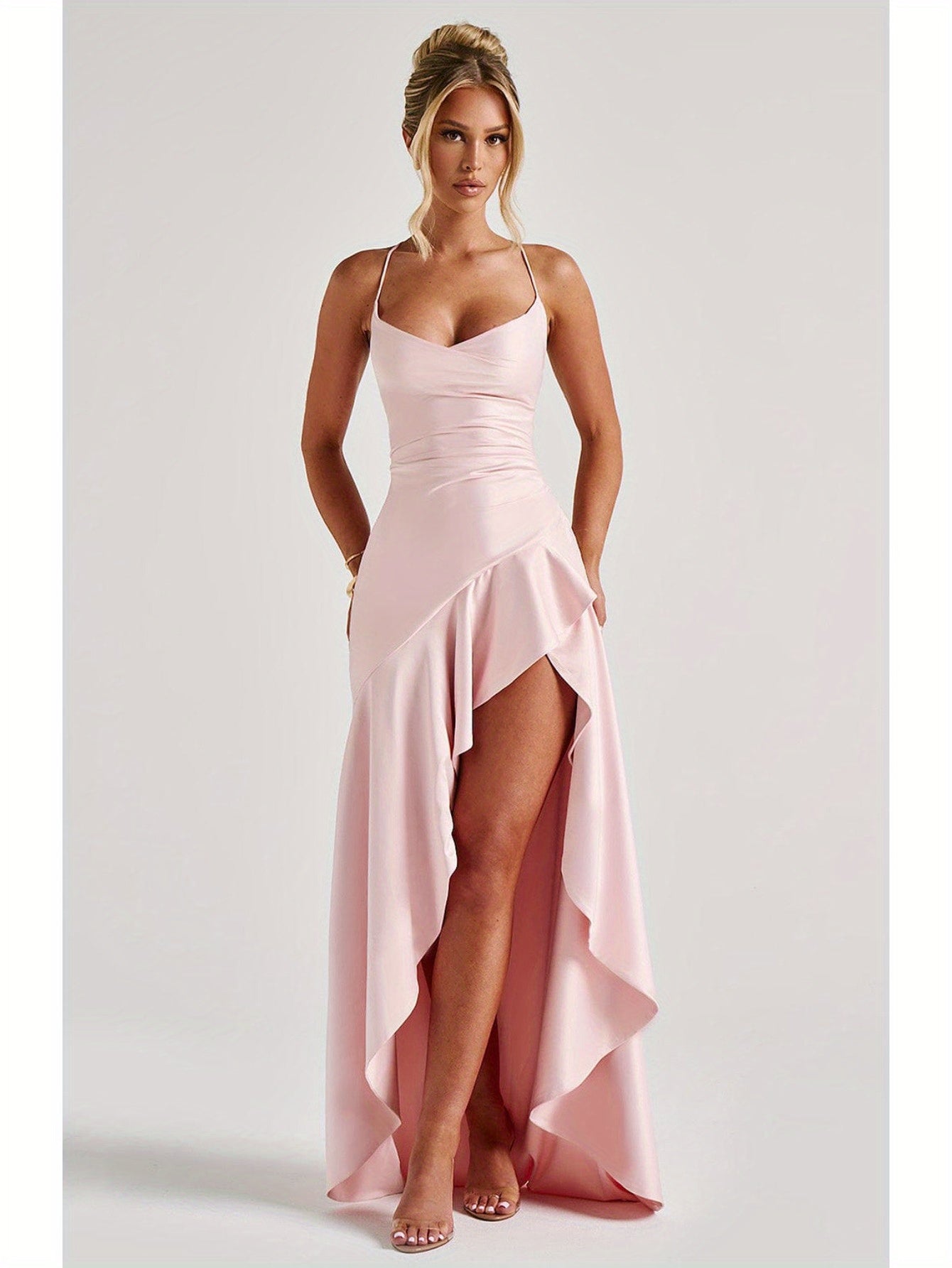 Elegant Black Bodycon Evening Gown with Asymmetrical Ruffle Hem and Spaghetti Straps - Backless V-Neck Long Formal Dress for Weddings, Special Occasions, Bridesmaid Parties, and Holiday Celebrations, Wedding Guest Attire | Asymmetrical Hemline | Ruched De