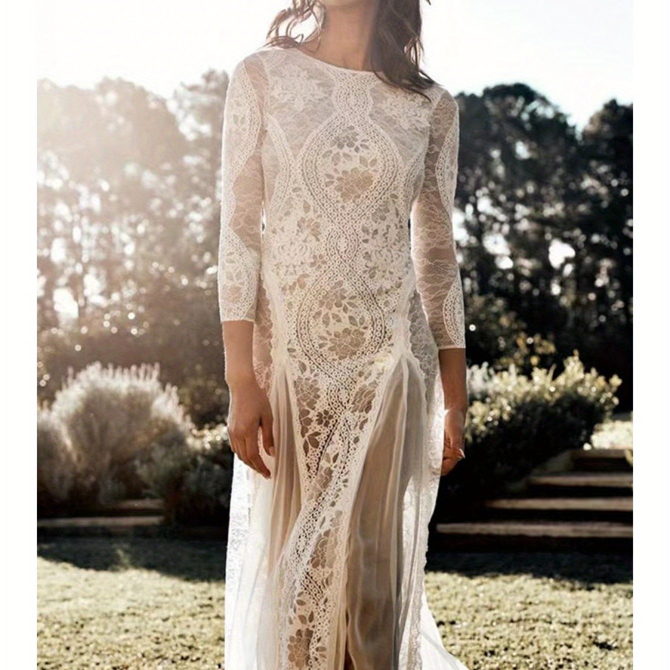 2025 European & American Women's Sexy Elegant Backless Lace Wedding Dress - Round Neck Long Sleeve A-Line Silhouette with Vertical Pleats, Machine Washable Bridal Gown for Weddings & Formal Events