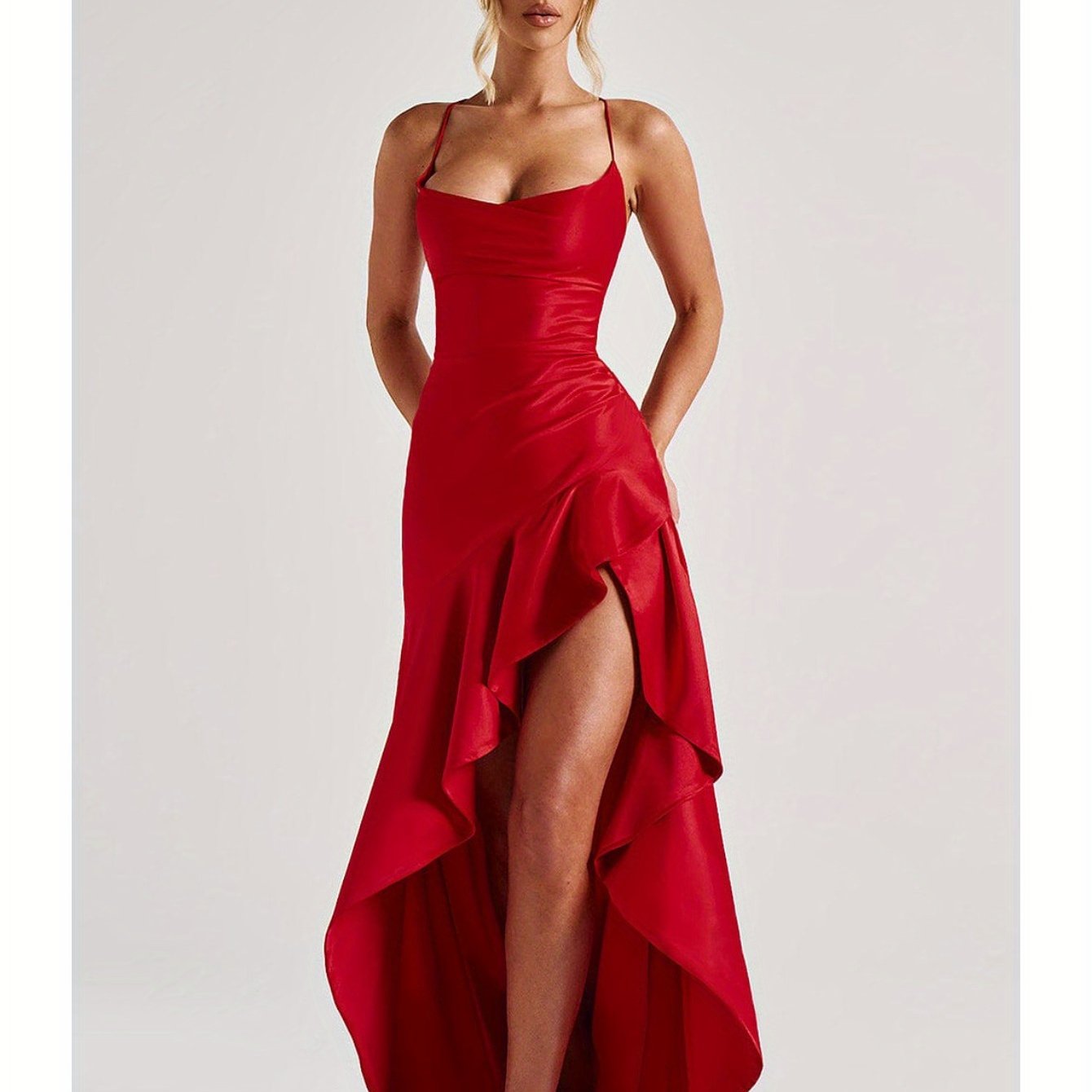Elegant Black Bodycon Evening Gown with Asymmetrical Ruffle Hem and Spaghetti Straps - Backless V-Neck Long Formal Dress for Weddings, Special Occasions, Bridesmaid Parties, and Holiday Celebrations, Wedding Guest Attire | Asymmetrical Hemline | Ruched De