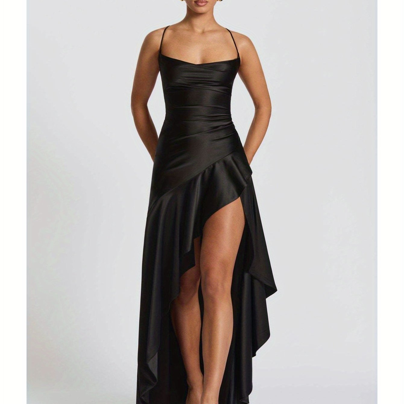 Elegant Black Bodycon Evening Gown with Asymmetrical Ruffle Hem and Spaghetti Straps - Backless V-Neck Long Formal Dress for Weddings, Special Occasions, Bridesmaid Parties, and Holiday Celebrations, Wedding Guest Attire | Asymmetrical Hemline | Ruched De