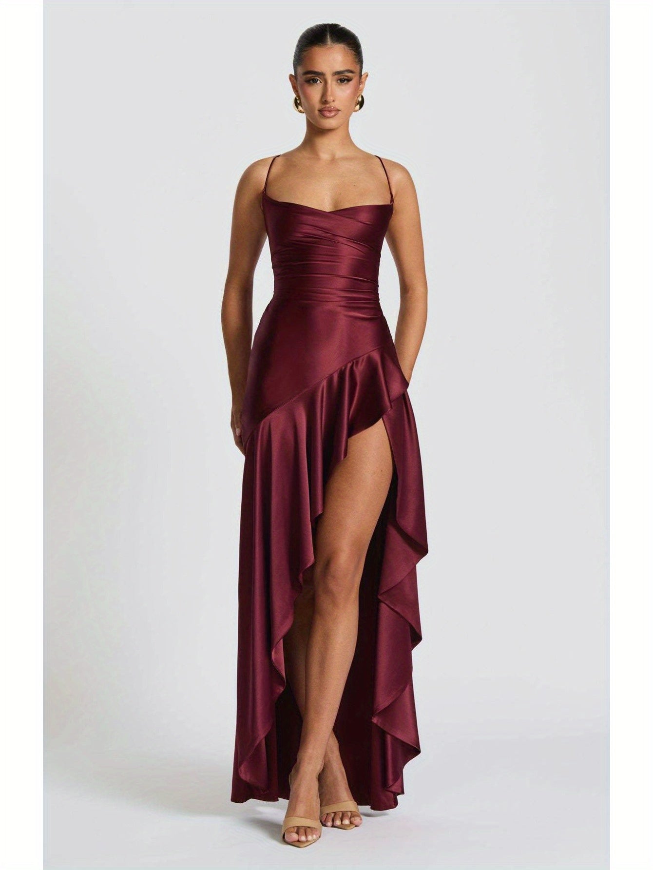 Elegant Black Bodycon Evening Gown with Asymmetrical Ruffle Hem and Spaghetti Straps - Backless V-Neck Long Formal Dress for Weddings, Special Occasions, Bridesmaid Parties, and Holiday Celebrations, Wedding Guest Attire | Asymmetrical Hemline | Ruched De