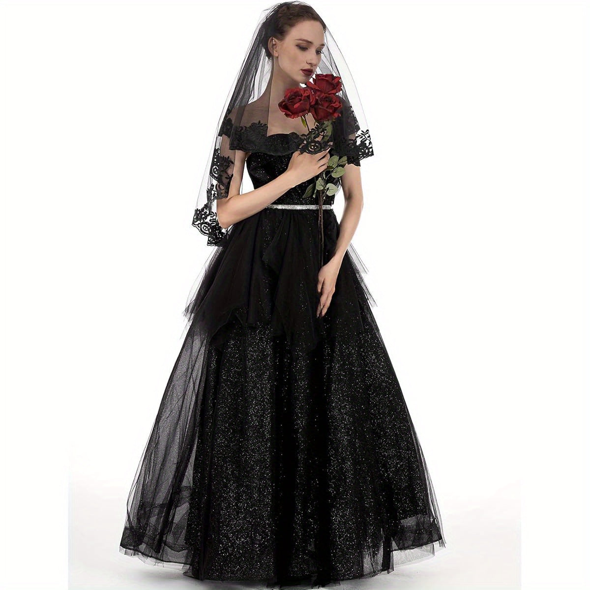 PAMOR Black Lace Cathedral Tulle Veil with Hand- Sewn Metal Comb - Elegant Sheer Bridal Veil for Weddings, Halloween, and Formal Events, Polyester and Spandex Blend, Wedding Veil | Elegant Veil | Intricate Lace Detailing, Wedding Dresses for Bride