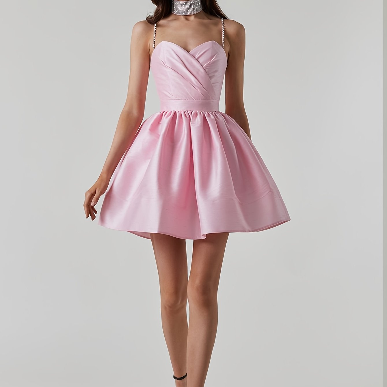 Elegant Off-Shoulder Ball Gown Elegant Pink Satin Off-Shoulder V-Neck Ball Gown for Women - Ruched Tulle Dress with Belt, Perfect for Prom Night & Special Occasions, Formal Evening Wear | Vneck Dress | Satin Finish, Cute Dresses