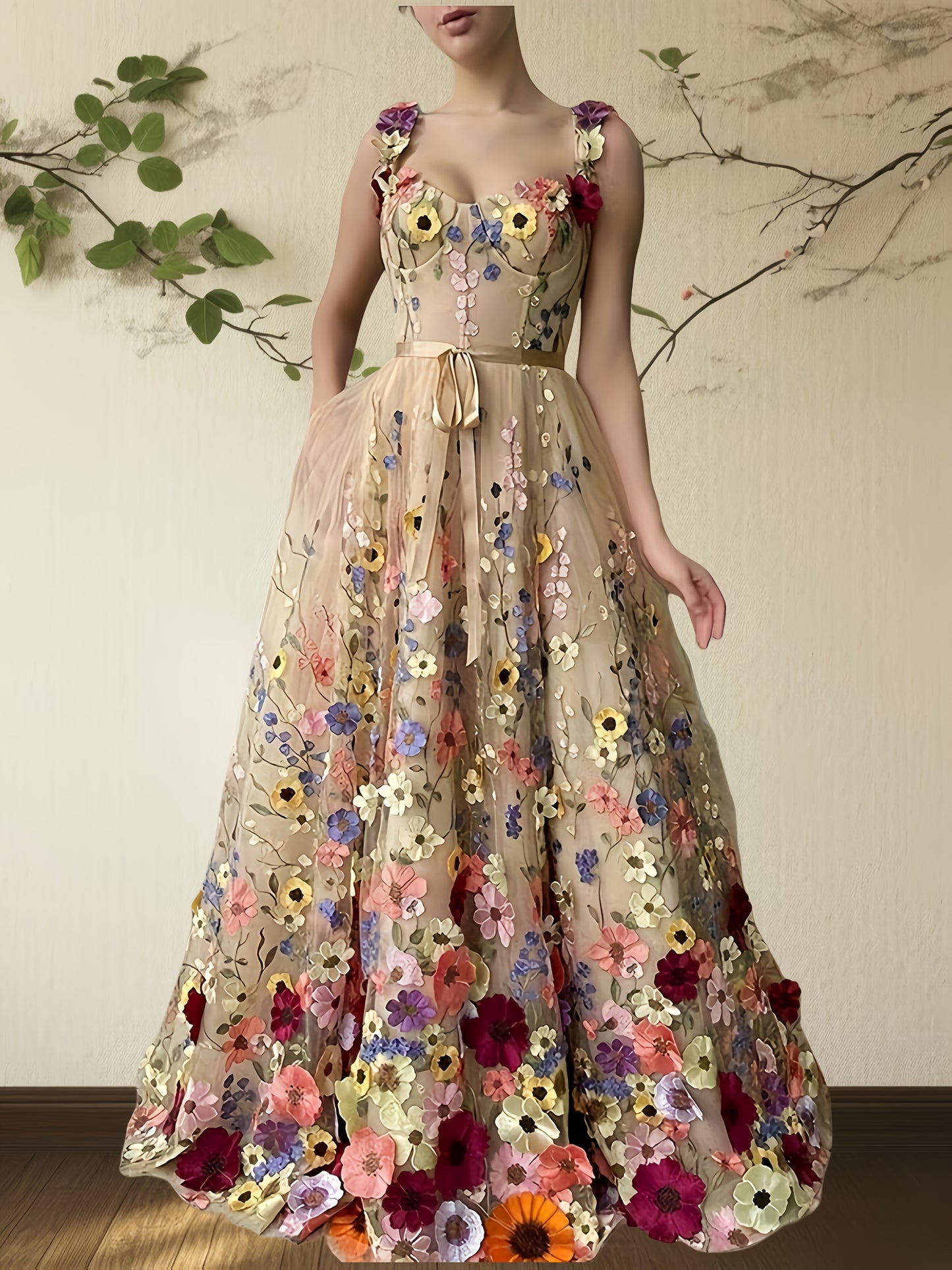 Elegant Floral Dress Elegant and Fashionable Floral Embroidery Belted Dress, Romantic Formal Dress