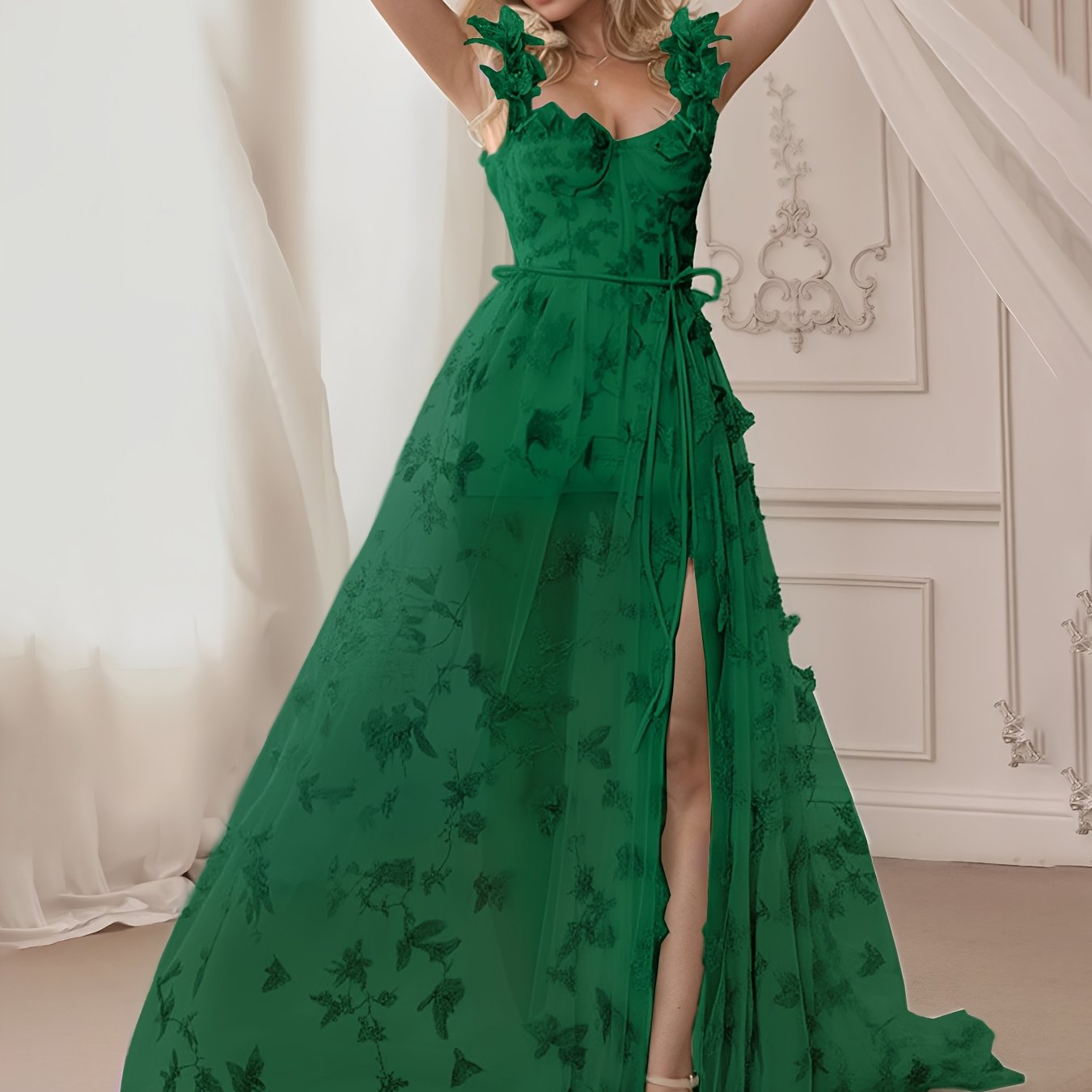 Women'S Elegant Off-Shoulder\u002FOne-Shoulder Lace Trimmed Evening Gown - Floor-Length Formal Wedding Dress with Butterfly Pattern, A-Line Silhouette & Convertible Train, All-Season Wear for Beach Balls, Galas, Prom, Birthdays - Timeless Silhouette in Em