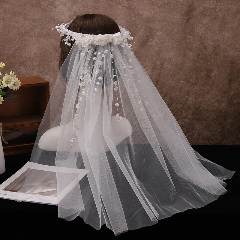 Elegant Korean-Inspired Handmade Beaded Floral Headscarf - Sheer Lace Bridal Veil with Intricate Beads, Perfect for Weddings, Outdoor Ceremonies & Photo Shoots, Wedding Dresses for Bride