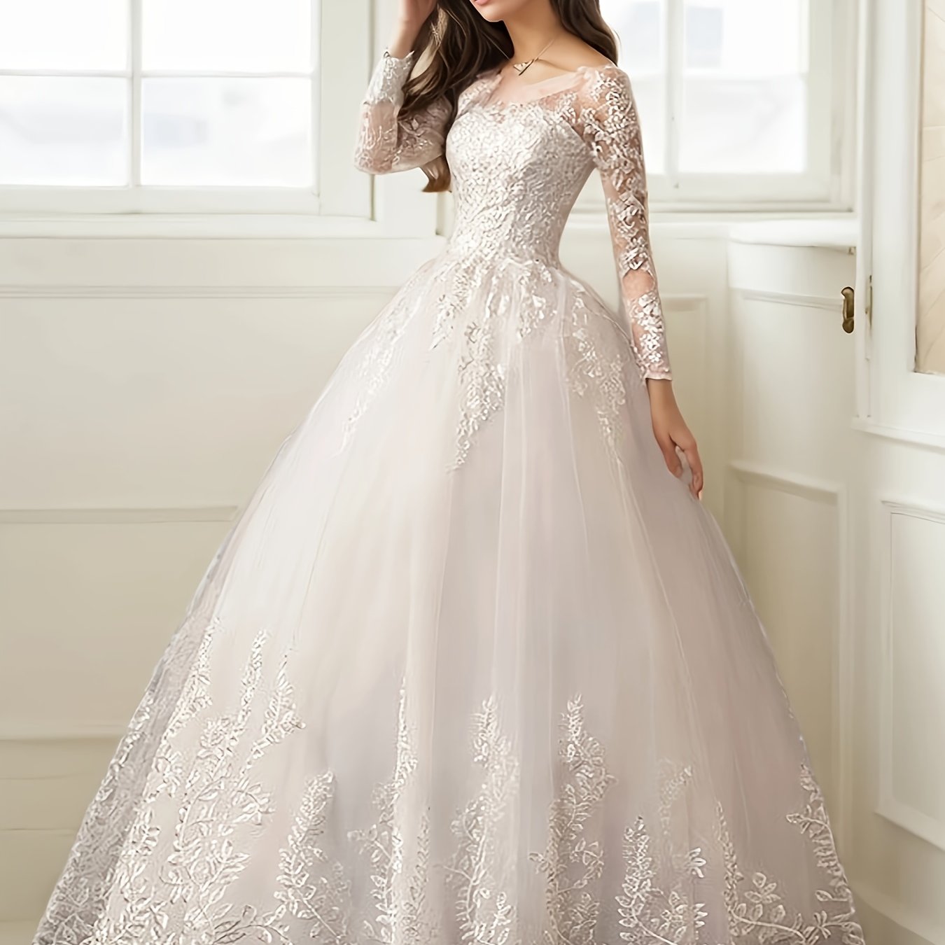 One-Piece Women's Off-Shoulder Light Luxury A-Line Wedding Dress, Fine Contrast Lace Embroidery, Elegant and Graceful Party Wear