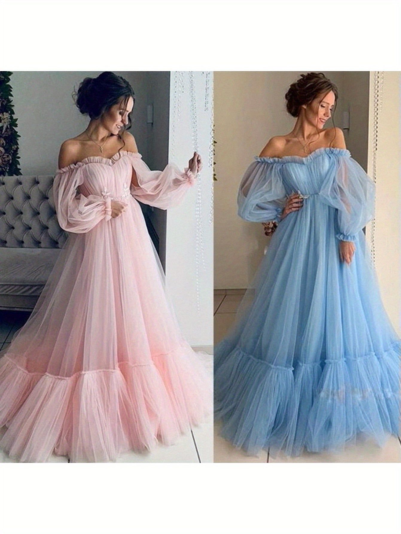 2025 New European and American Style Women's Fashion Off-Shoulder Mesh Long Sleeve Wedding Dress with Large Hem New Style