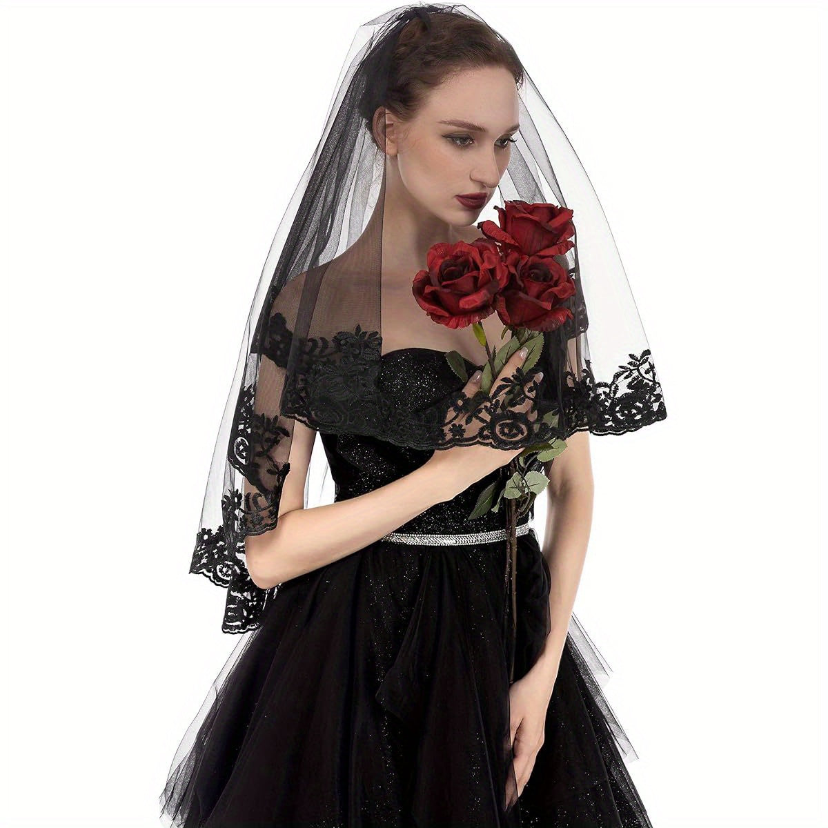 PAMOR Black Lace Cathedral Tulle Veil with Hand- Sewn Metal Comb - Elegant Sheer Bridal Veil for Weddings, Halloween, and Formal Events, Polyester and Spandex Blend, Wedding Veil | Elegant Veil | Intricate Lace Detailing, Wedding Dresses for Bride