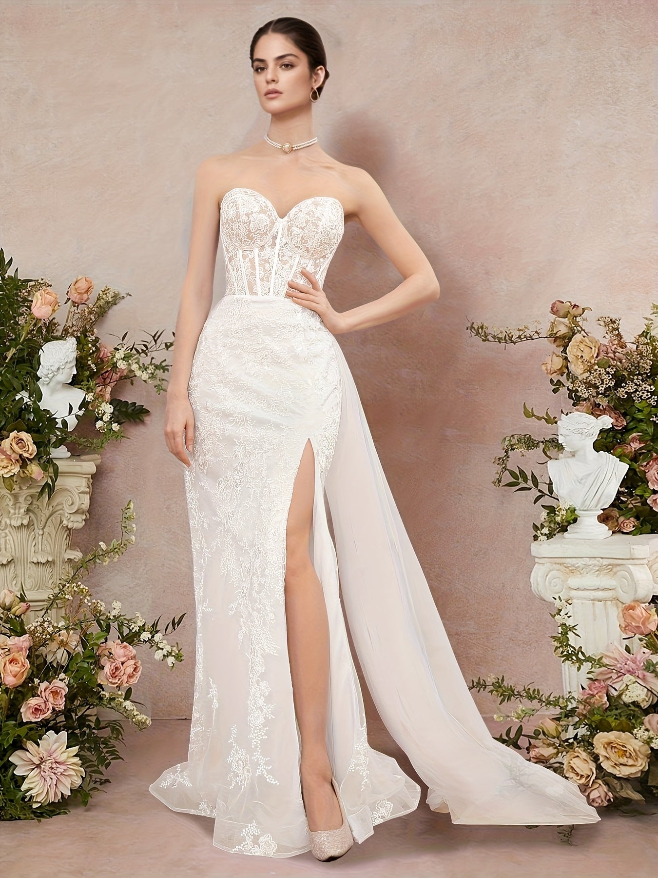 Candyce Lea Heart-Shaped Strapless Sequin Embroidered Wedding Dress with High-Low Hem & Train - Elegant Long Formal Gown for Weddings, Galas, Proms, Wedding Dresses for Bride, Wedding Guest Attire, Sophisticated Craftsmanship