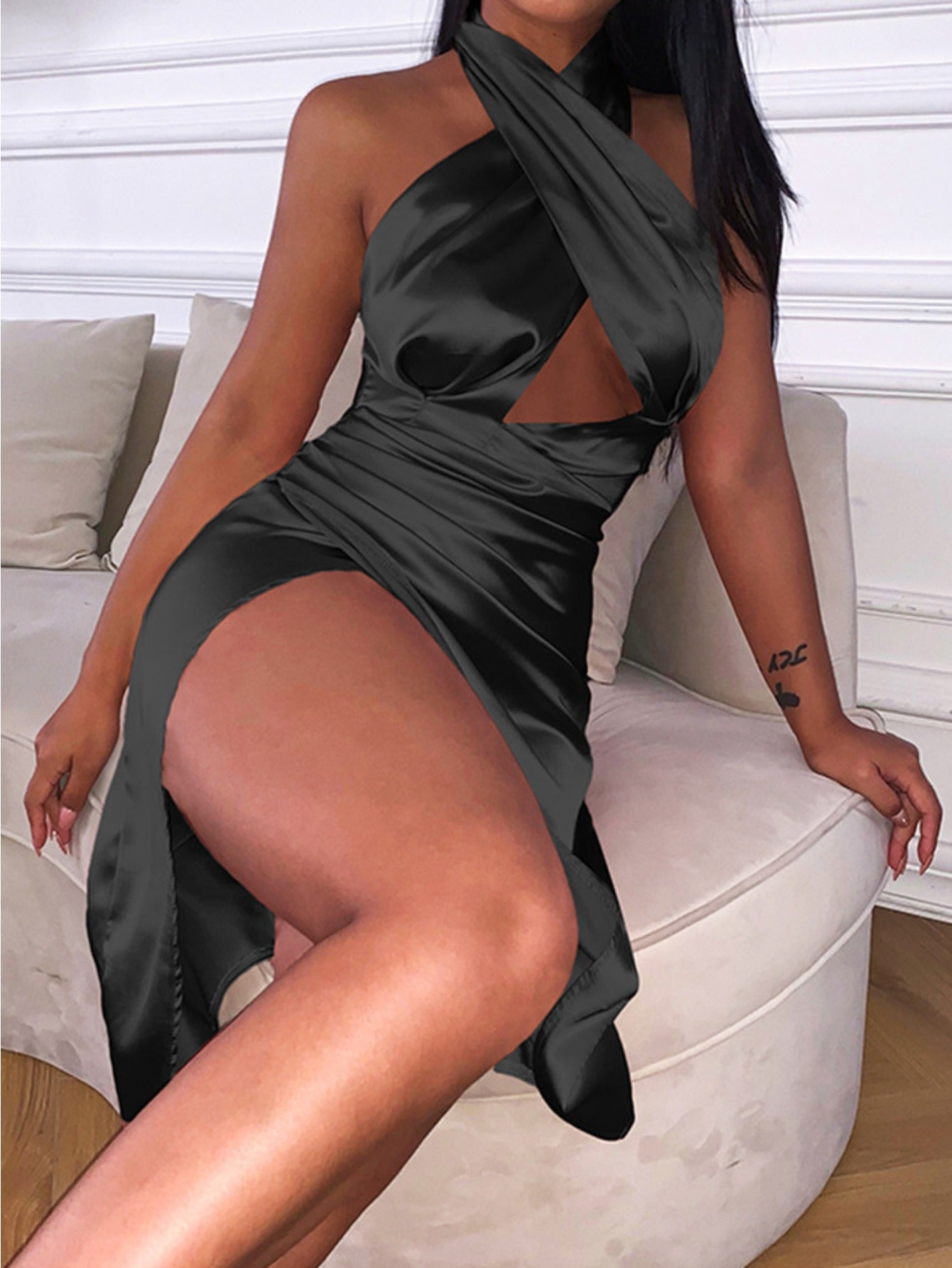 Elegant Black Satin Halter Neck Crisscross Backless Slit Gown - High-Slit Bridesmaid Dress for Weddings, Galas, and Formal Events, Bridal Dress, Wedding Guest Attire, Sophisticated Silhouette, Sleek Fitted Design