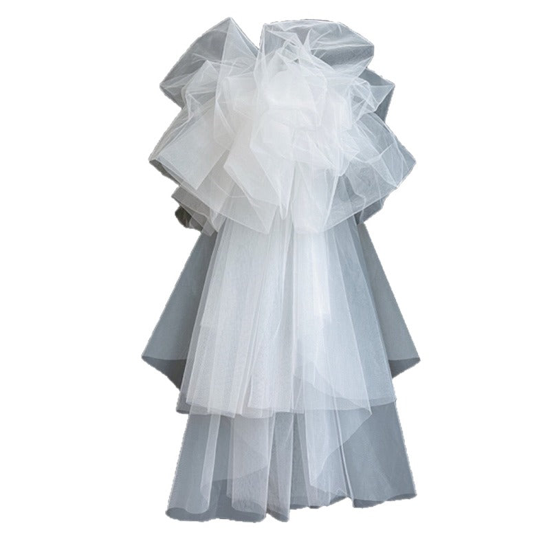 Elegant Korean-Style Wedding Dress with Fluffy Veil - White Lace & Tulle Bridal Gown, Ruffled Sleeves, and Floral Embellishments for Weddings, Photo Shoots, and Formal Events, Wedding Dresses for Bride, Event Elegance, Sophisticated Craftsmanship