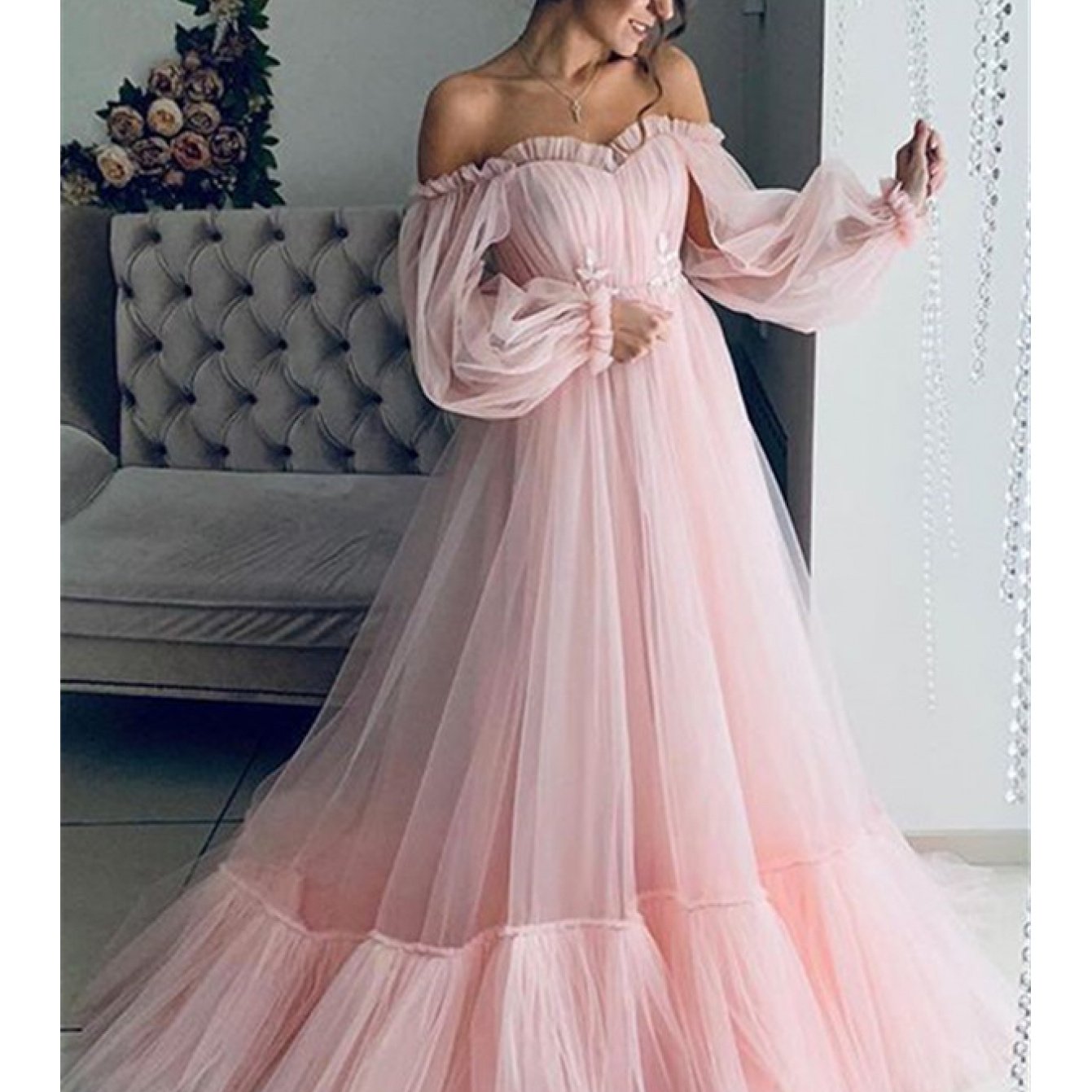 2025 New European and American Style Women's Fashion Off-Shoulder Mesh Long Sleeve Wedding Dress with Large Hem New Style