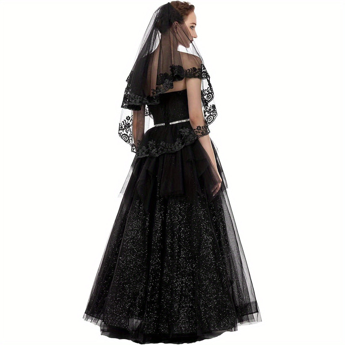 PAMOR Black Lace Cathedral Tulle Veil with Hand- Sewn Metal Comb - Elegant Sheer Bridal Veil for Weddings, Halloween, and Formal Events, Polyester and Spandex Blend, Wedding Veil | Elegant Veil | Intricate Lace Detailing, Wedding Dresses for Bride