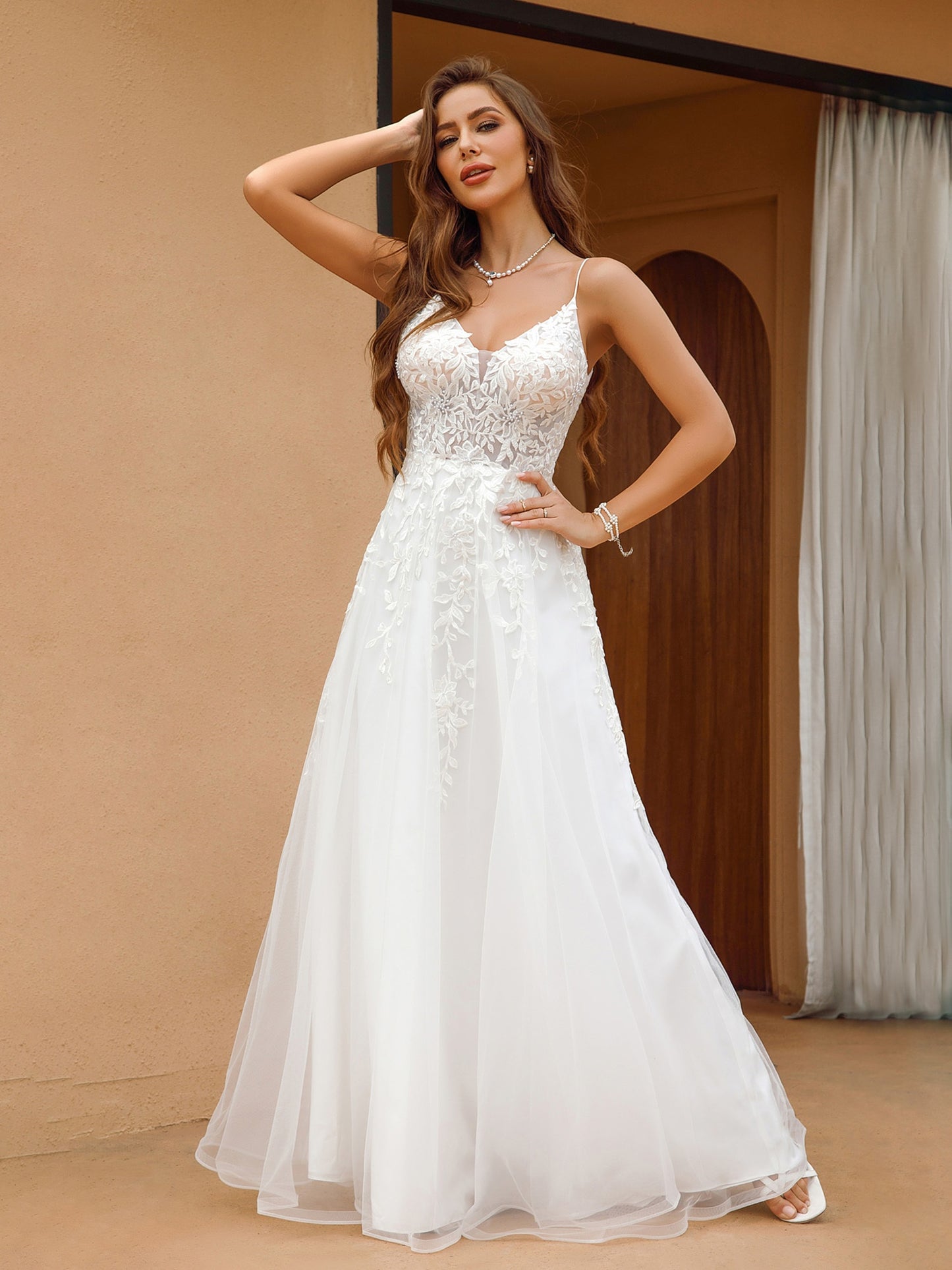 Elegant Backless Wedding Dress Elegant Backless Wedding Dress with Delicate Embellishments - Women's Formal Party Gown for Bridal, Prom, Galas, Year-Round Formal Attire, Evening Gown, Spaghetti Strap, Flowy Train, Non-Stretchy Fabric