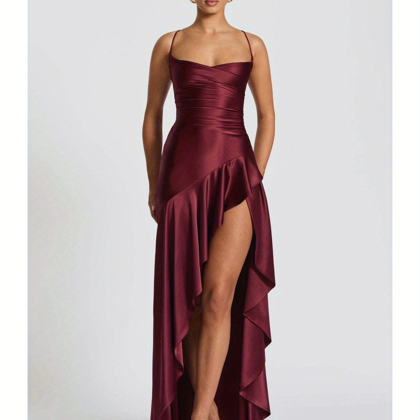 Elegant Black Bodycon Evening Gown with Asymmetrical Ruffle Hem and Spaghetti Straps - Backless V-Neck Long Formal Dress for Weddings, Special Occasions, Bridesmaid Parties, and Holiday Celebrations, Wedding Guest Attire | Asymmetrical Hemline | Ruched De