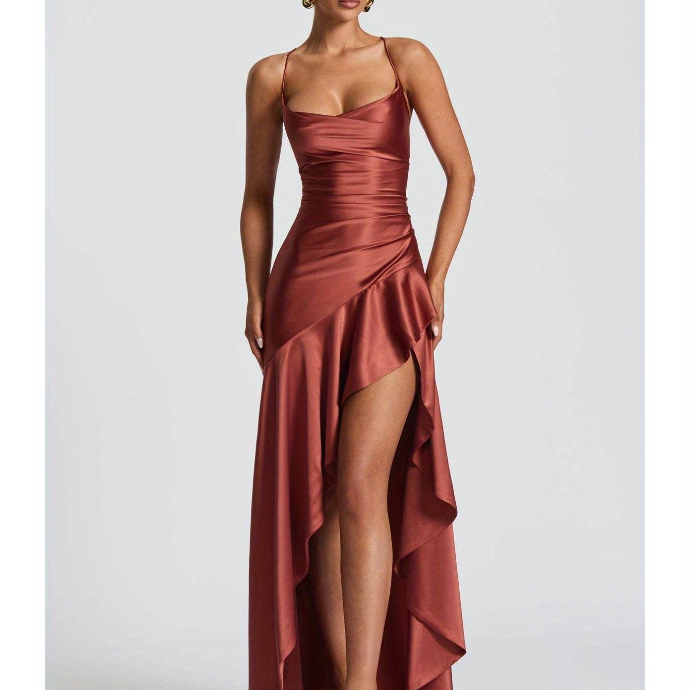 Elegant Black Bodycon Evening Gown with Asymmetrical Ruffle Hem and Spaghetti Straps - Backless V-Neck Long Formal Dress for Weddings, Special Occasions, Bridesmaid Parties, and Holiday Celebrations, Wedding Guest Attire | Asymmetrical Hemline | Ruched De