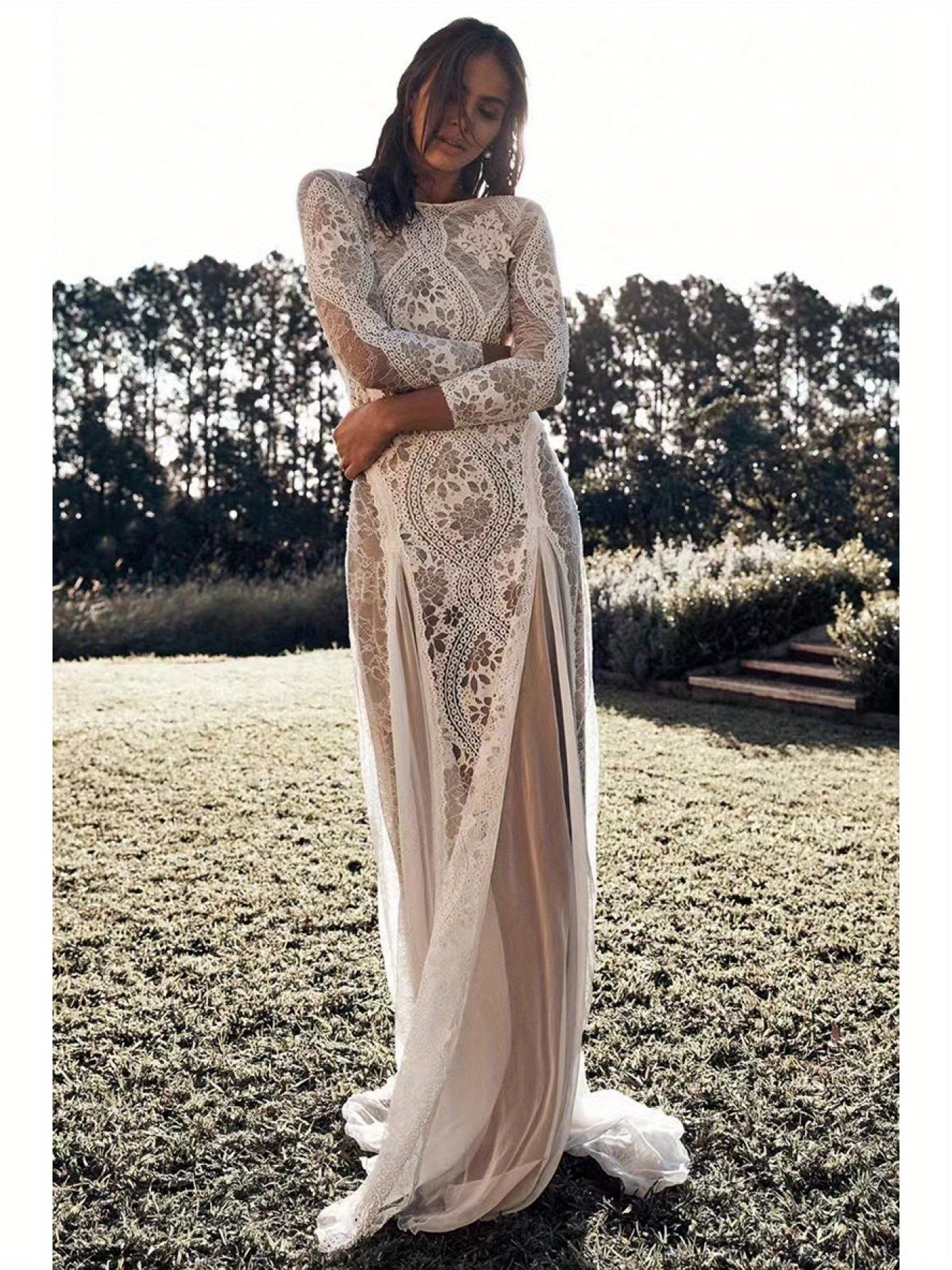 2025 European & American Women's Sexy Elegant Backless Lace Wedding Dress - Round Neck Long Sleeve A-Line Silhouette with Vertical Pleats, Machine Washable Bridal Gown for Weddings & Formal Events