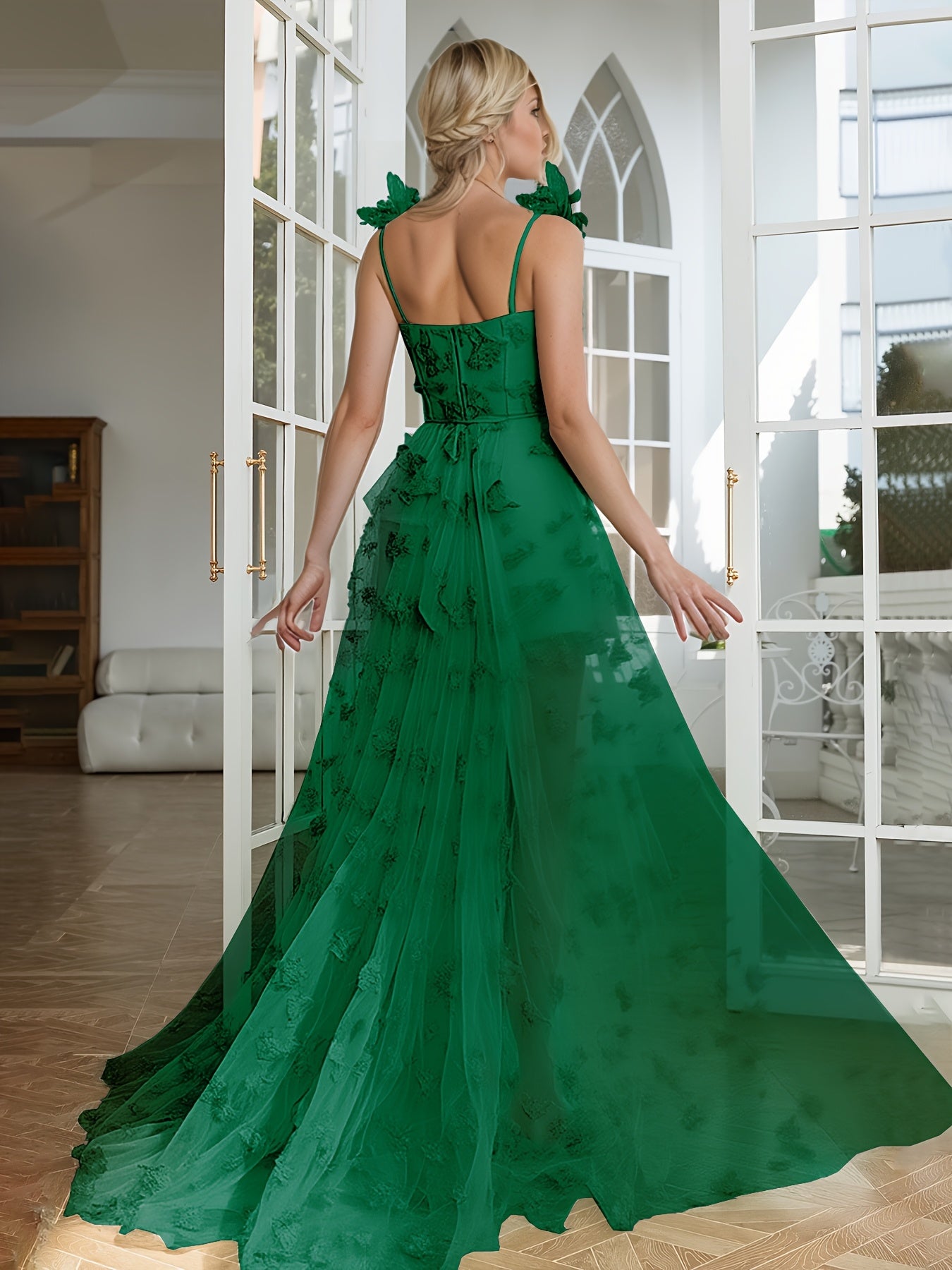 Women'S Elegant Off-Shoulder\u002FOne-Shoulder Lace Trimmed Evening Gown - Floor-Length Formal Wedding Dress with Butterfly Pattern, A-Line Silhouette & Convertible Train, All-Season Wear for Beach Balls, Galas, Prom, Birthdays - Timeless Silhouette in Em