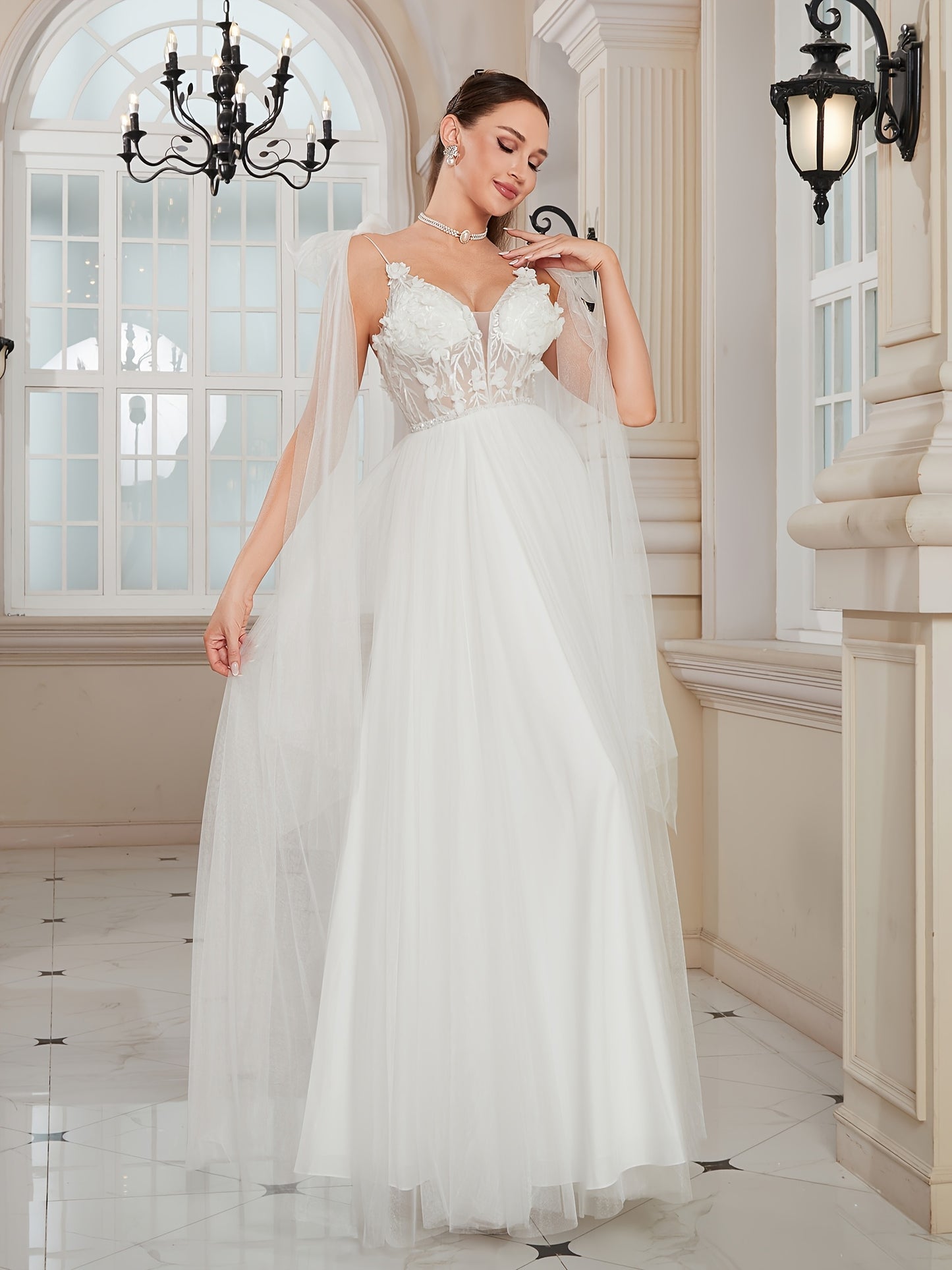 Elegant thin suspender bow mesh floating scarf and 3D flower embroidery bead mesh A-line wedding dress, hand washed, all season Women's wedding dress, bridal party dress, Beaded Texture, mid waist pure handmade Delicate Beading, evening dressing