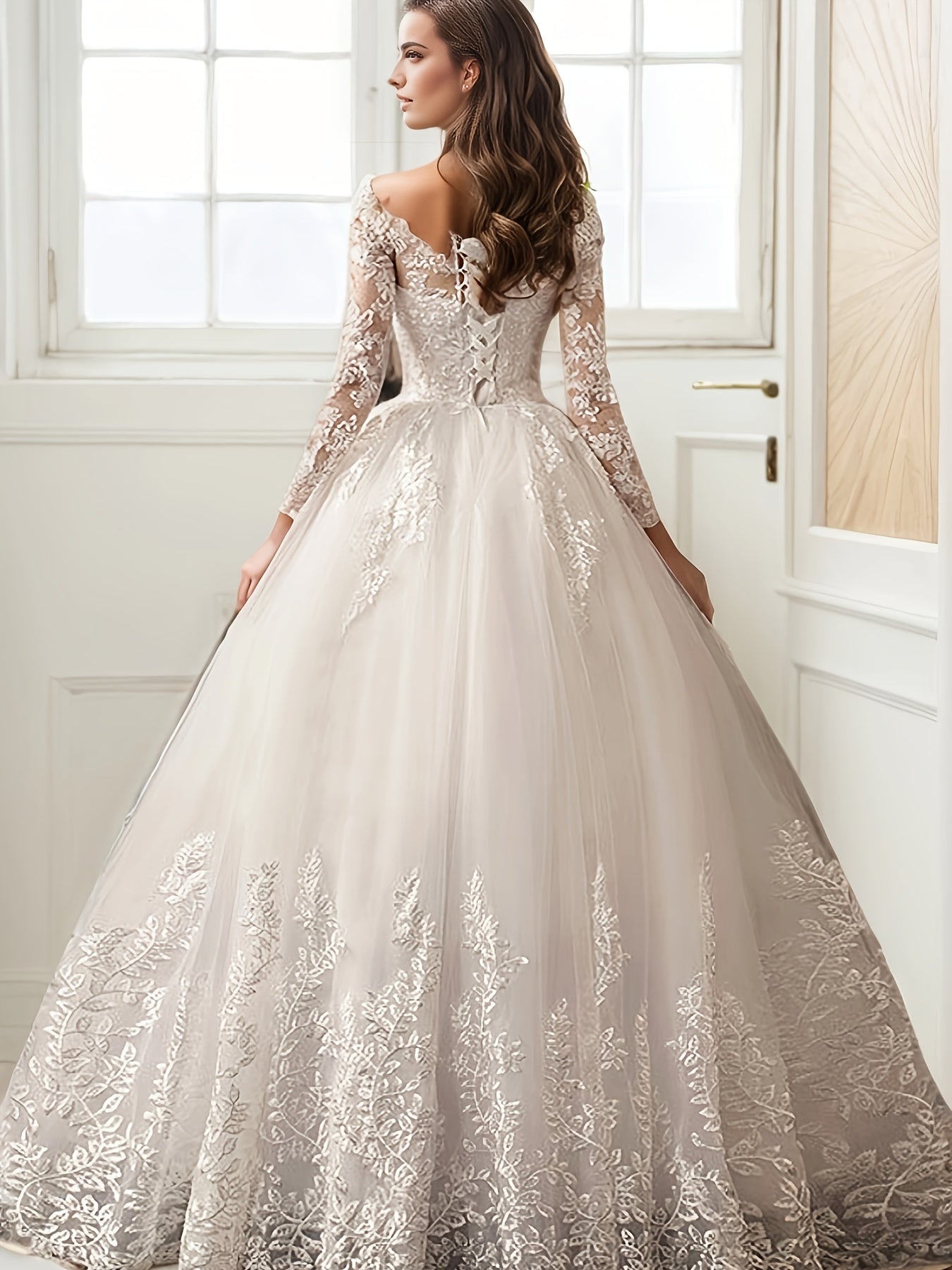 One-Piece Women's Off-Shoulder Light Luxury A-Line Wedding Dress, Fine Contrast Lace Embroidery, Elegant and Graceful Party Wear