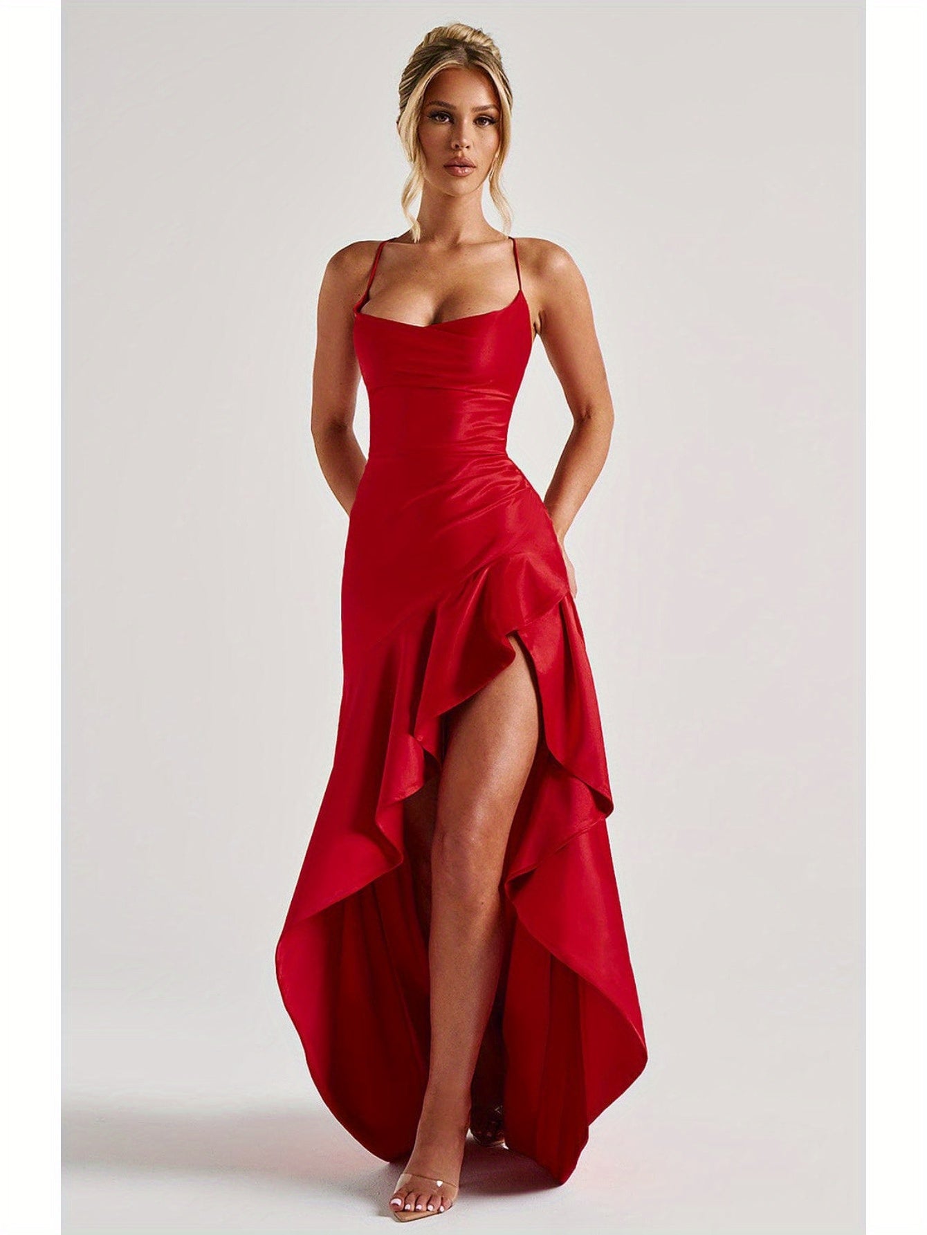 Elegant Black Bodycon Evening Gown with Asymmetrical Ruffle Hem and Spaghetti Straps - Backless V-Neck Long Formal Dress for Weddings, Special Occasions, Bridesmaid Parties, and Holiday Celebrations, Wedding Guest Attire | Asymmetrical Hemline | Ruched De