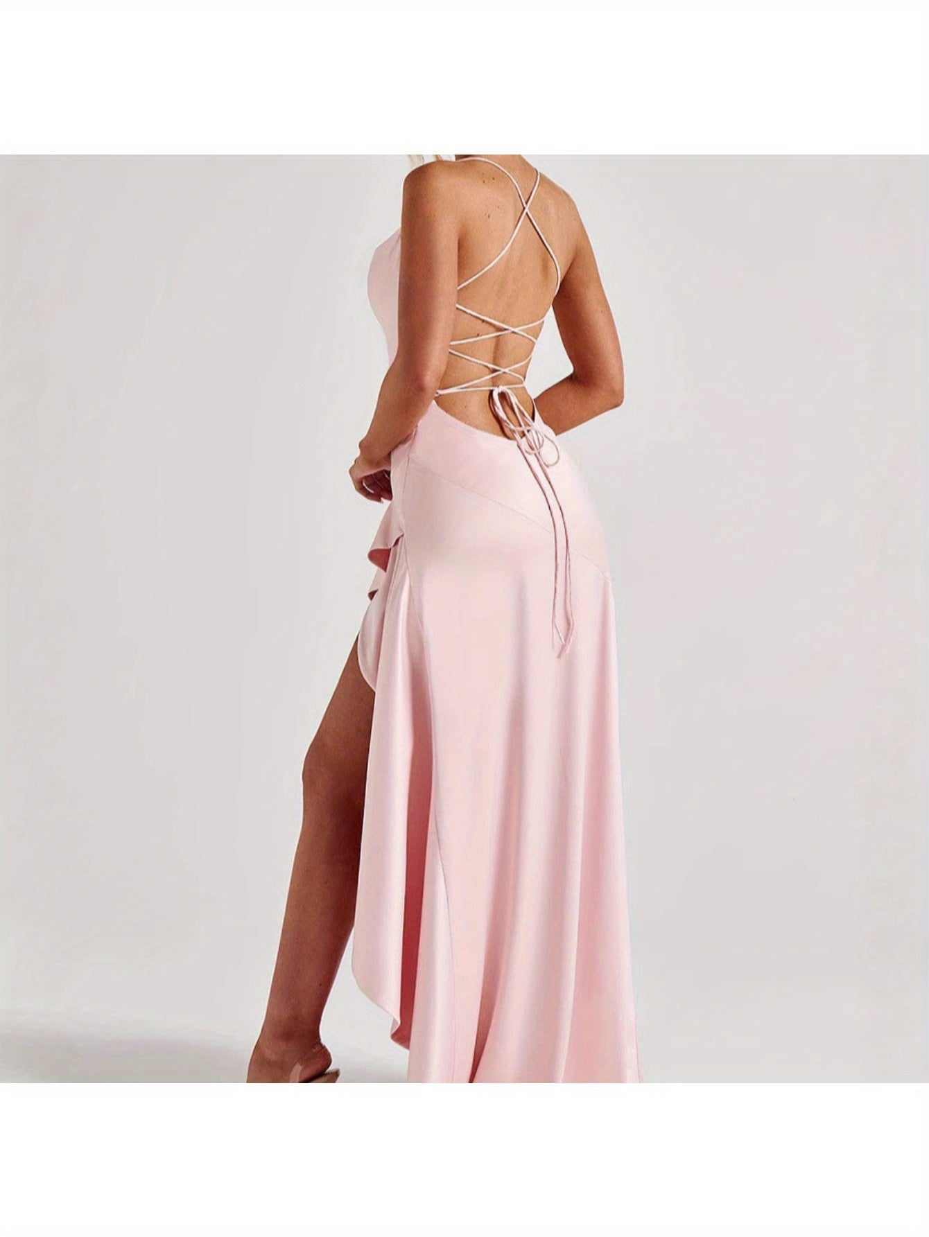 Elegant Black Bodycon Evening Gown with Asymmetrical Ruffle Hem and Spaghetti Straps - Backless V-Neck Long Formal Dress for Weddings, Special Occasions, Bridesmaid Parties, and Holiday Celebrations, Wedding Guest Attire | Asymmetrical Hemline | Ruched De