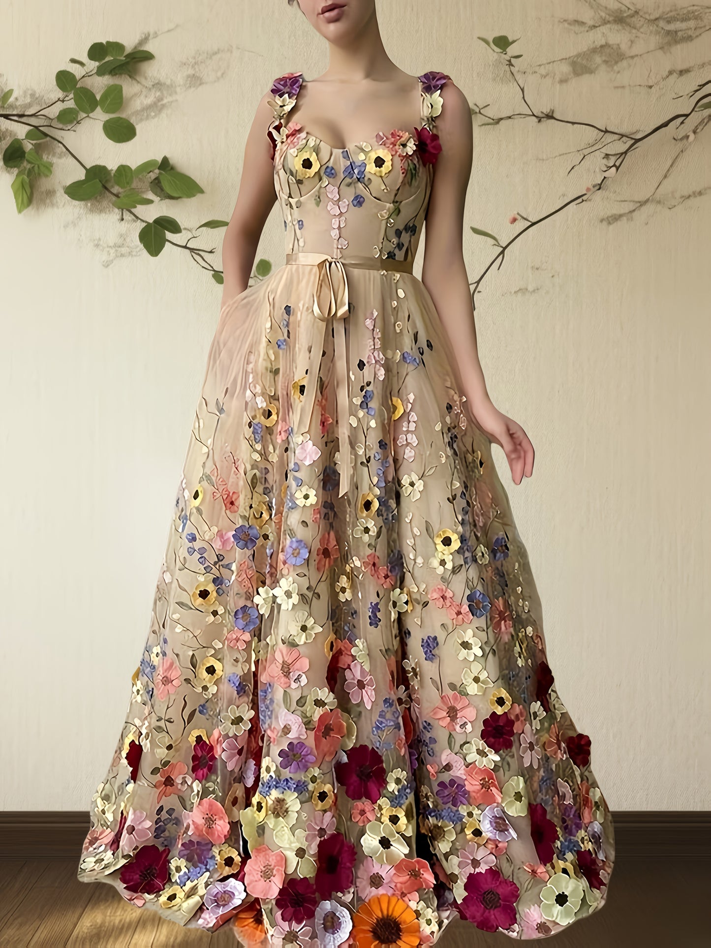 Elegant Floral Dress Elegant and Fashionable Floral Embroidery Belted Dress, Romantic Formal Dress