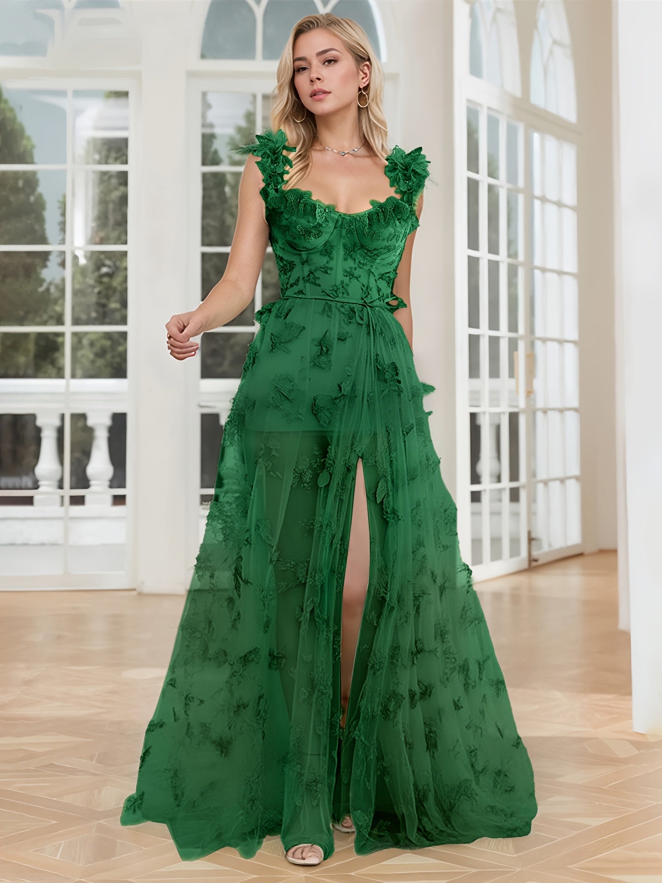 Women'S Elegant Off-Shoulder\u002FOne-Shoulder Lace Trimmed Evening Gown - Floor-Length Formal Wedding Dress with Butterfly Pattern, A-Line Silhouette & Convertible Train, All-Season Wear for Beach Balls, Galas, Prom, Birthdays - Timeless Silhouette in Em
