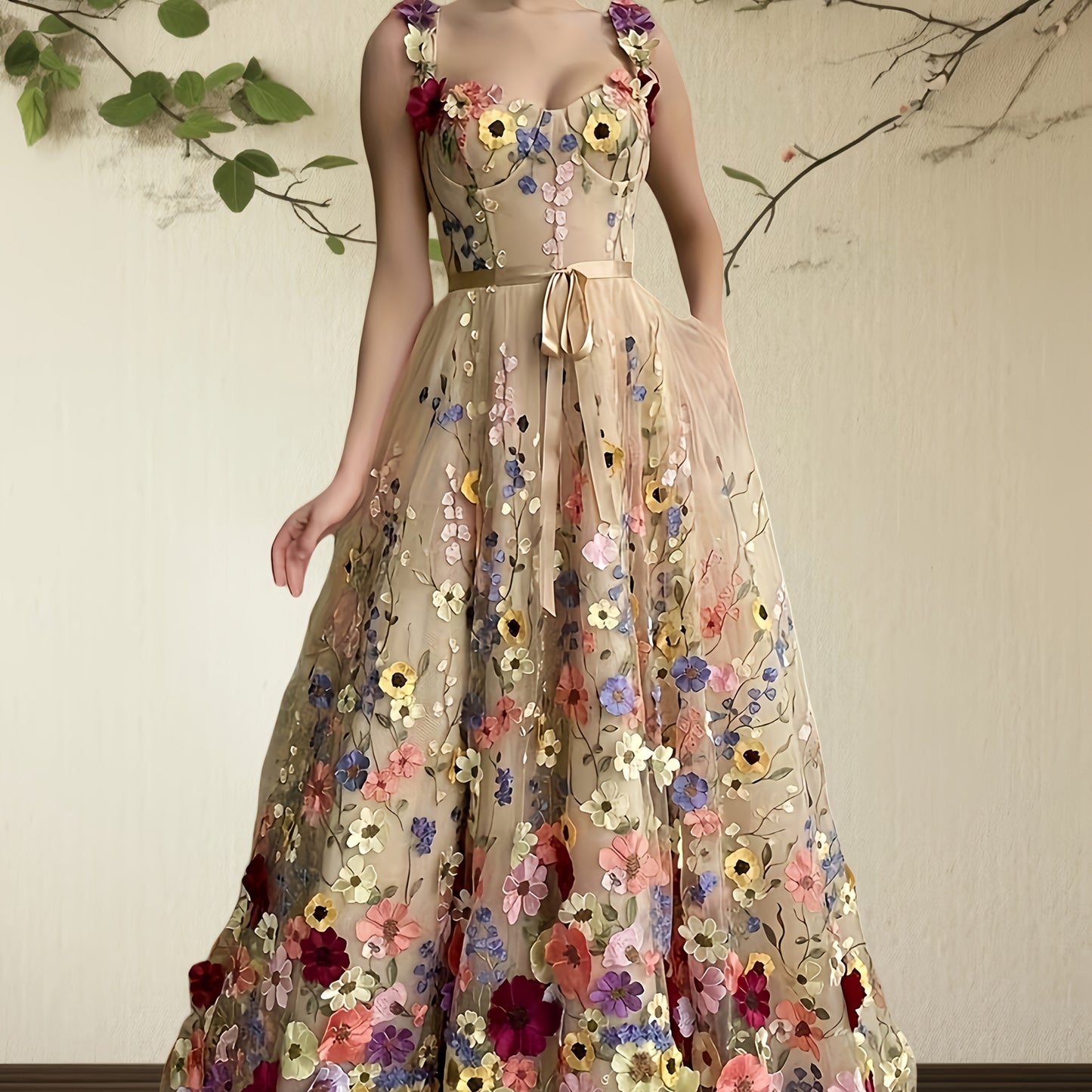 Elegant Floral Dress Elegant and Fashionable Floral Embroidery Belted Dress, Romantic Formal Dress
