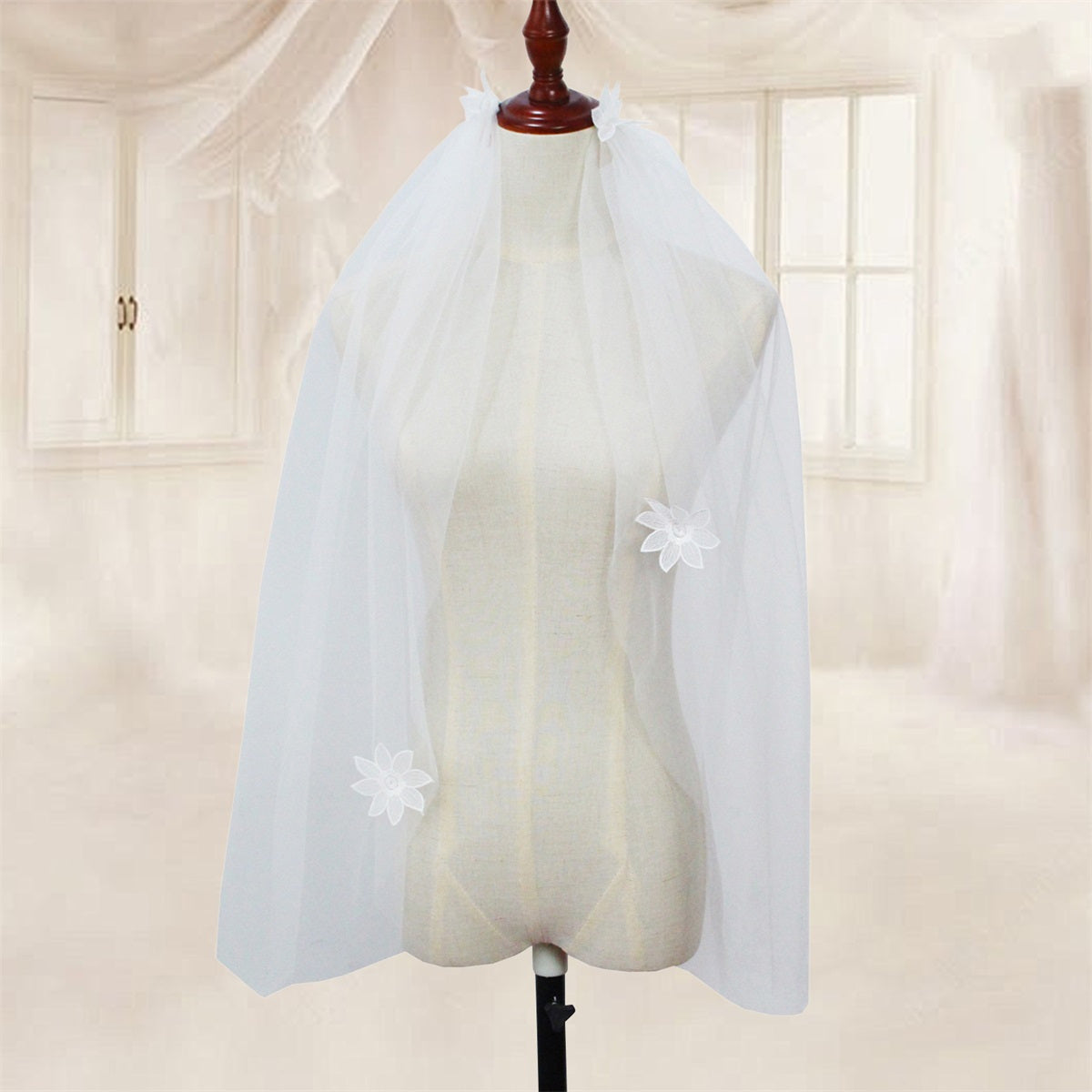 Elegant White Tulle Bridal Veil for Women - V-Neck with Floral Applique, Long Sleeve, Perfect for Weddings and Formal Events, Wedding Dress Accessory, Sophisticated Craftsmanship