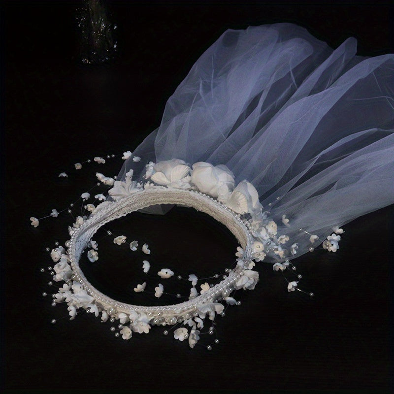 Elegant Korean-Inspired Handmade Beaded Floral Headscarf - Sheer Lace Bridal Veil with Intricate Beads, Perfect for Weddings, Outdoor Ceremonies & Photo Shoots, Wedding Dresses for Bride