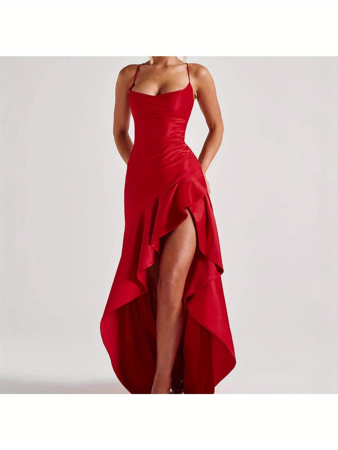 Elegant Black Bodycon Evening Gown with Asymmetrical Ruffle Hem and Spaghetti Straps - Backless V-Neck Long Formal Dress for Weddings, Special Occasions, Bridesmaid Parties, and Holiday Celebrations, Wedding Guest Attire | Asymmetrical Hemline | Ruched De