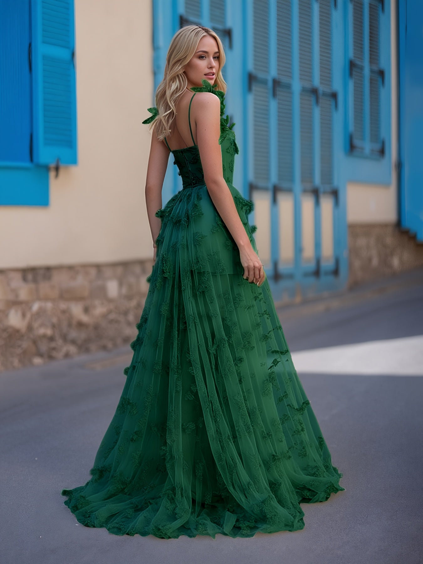 Women'S Elegant Off-Shoulder\u002FOne-Shoulder Lace Trimmed Evening Gown - Floor-Length Formal Wedding Dress with Butterfly Pattern, A-Line Silhouette & Convertible Train, All-Season Wear for Beach Balls, Galas, Prom, Birthdays - Timeless Silhouette in Em