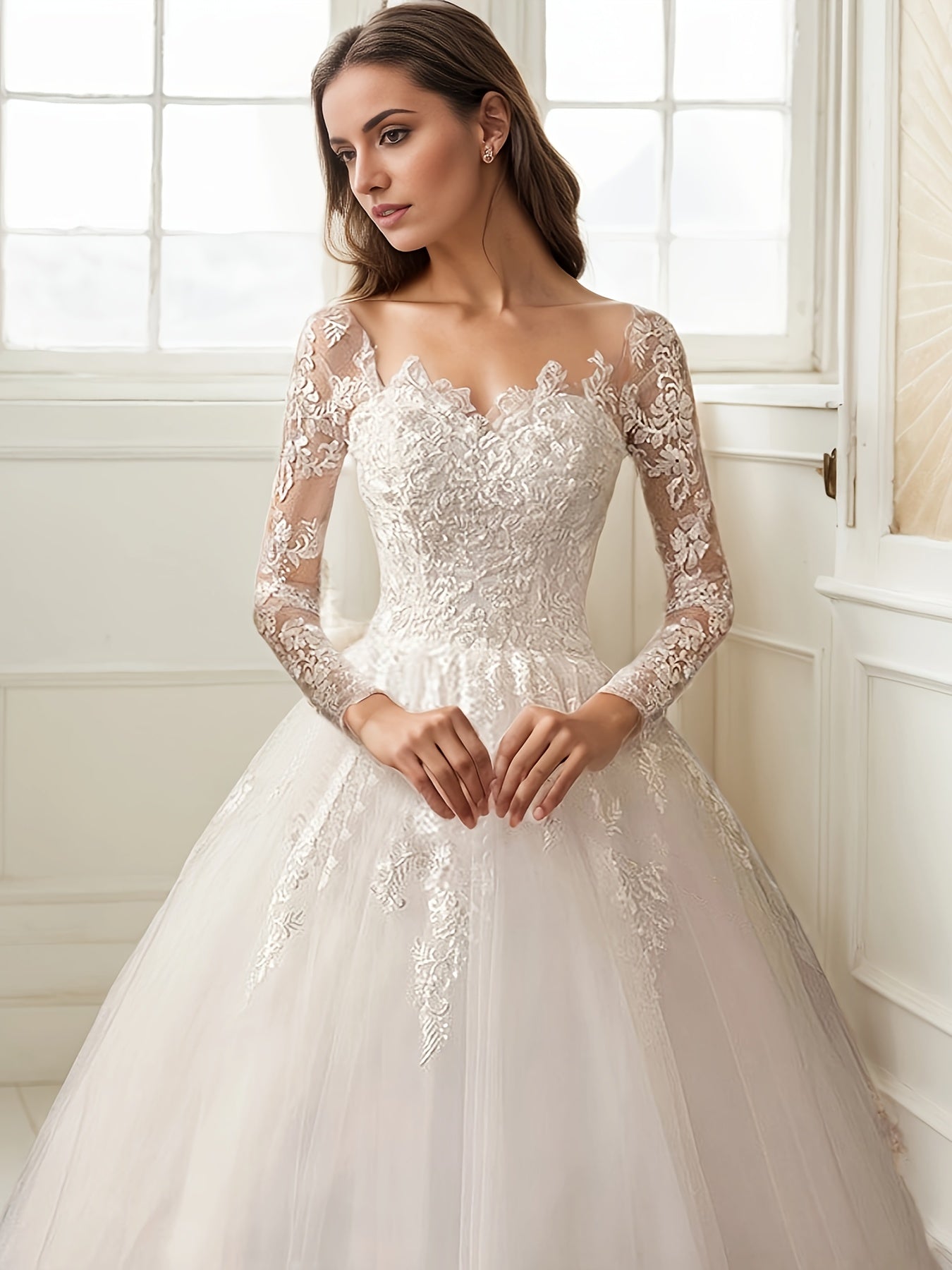 One-Piece Women's Off-Shoulder Light Luxury A-Line Wedding Dress, Fine Contrast Lace Embroidery, Elegant and Graceful Party Wear