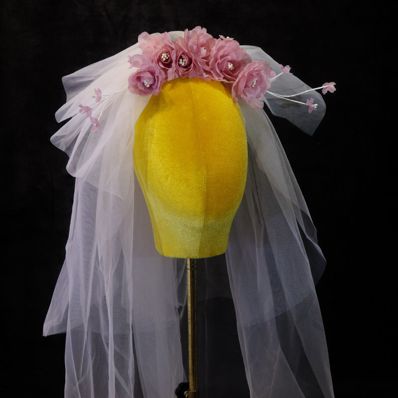 Elegant Korean-Inspired Pink Floral Bridal Veil with Tulle Skirt - Handmade Yarn for Weddings, Parties & Formal Events, Wedding Dress Accessory, Delicate Craftsmanship