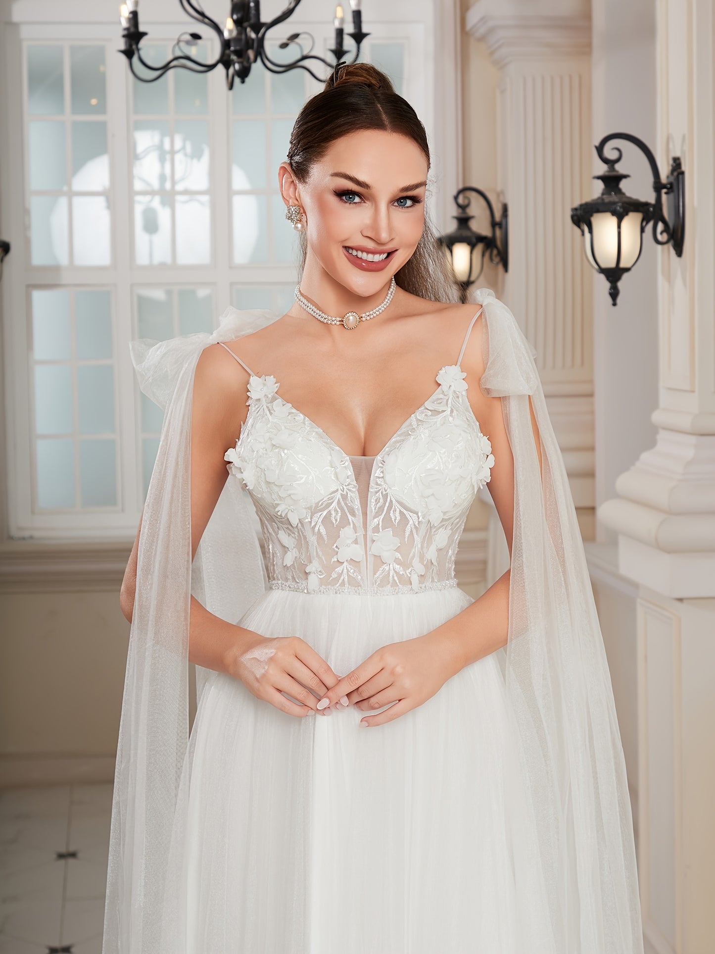Elegant thin suspender bow mesh floating scarf and 3D flower embroidery bead mesh A-line wedding dress, hand washed, all season Women's wedding dress, bridal party dress, Beaded Texture, mid waist pure handmade Delicate Beading, evening dressing