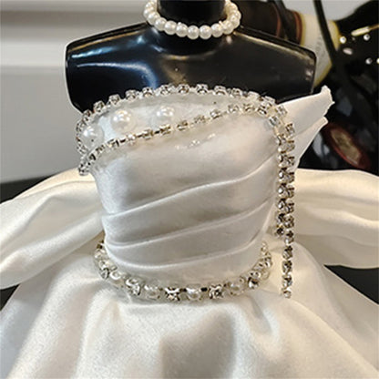 Wedding White Satin Dress Model with Veil and Pearl Necklace and Greeting Card Rhinestone Decor Clothes