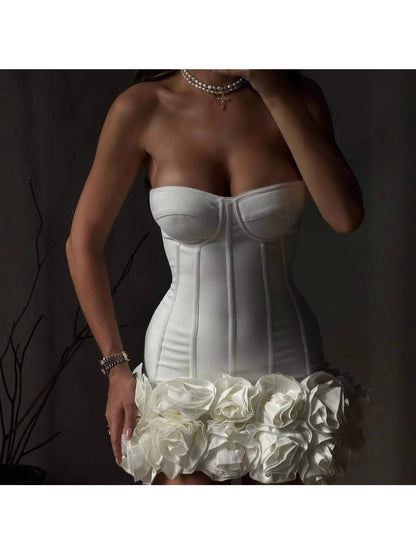 Women's Elegant 3D Handmade Floral Bandage Corset Mermaid\u002FTrumpet Mini Dress with Ruffled Hem & Long Sleeve\u002FStrapless Neckline - Structured Bustier Gown for Red Carpet, Cocktail Parties, Bridal Events - Spring\u002FAutumn Formal Evening Dress in