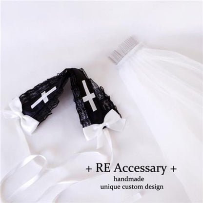 Handmade Original Dark Night Virgin Church Cross Embroidered Rhinestone Shawl Veil