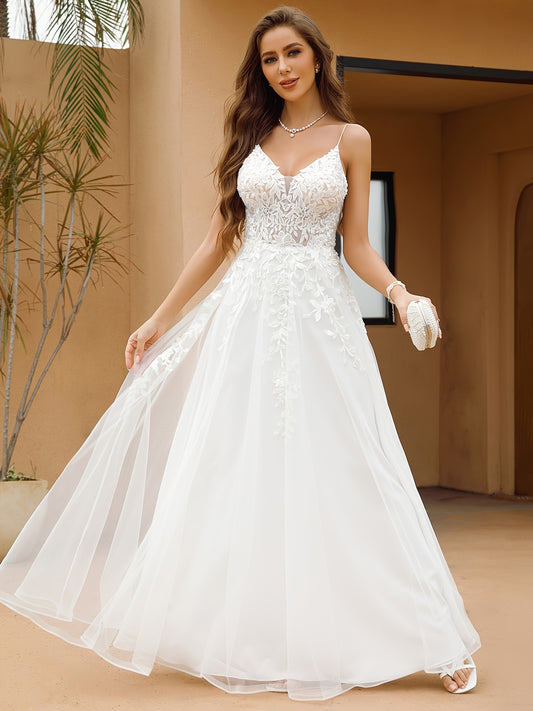 Elegant Backless Wedding Dress Elegant Backless Wedding Dress with Delicate Embellishments - Women's Formal Party Gown for Bridal, Prom, Galas, Year-Round Formal Attire, Evening Gown, Spaghetti Strap, Flowy Train, Non-Stretchy Fabric