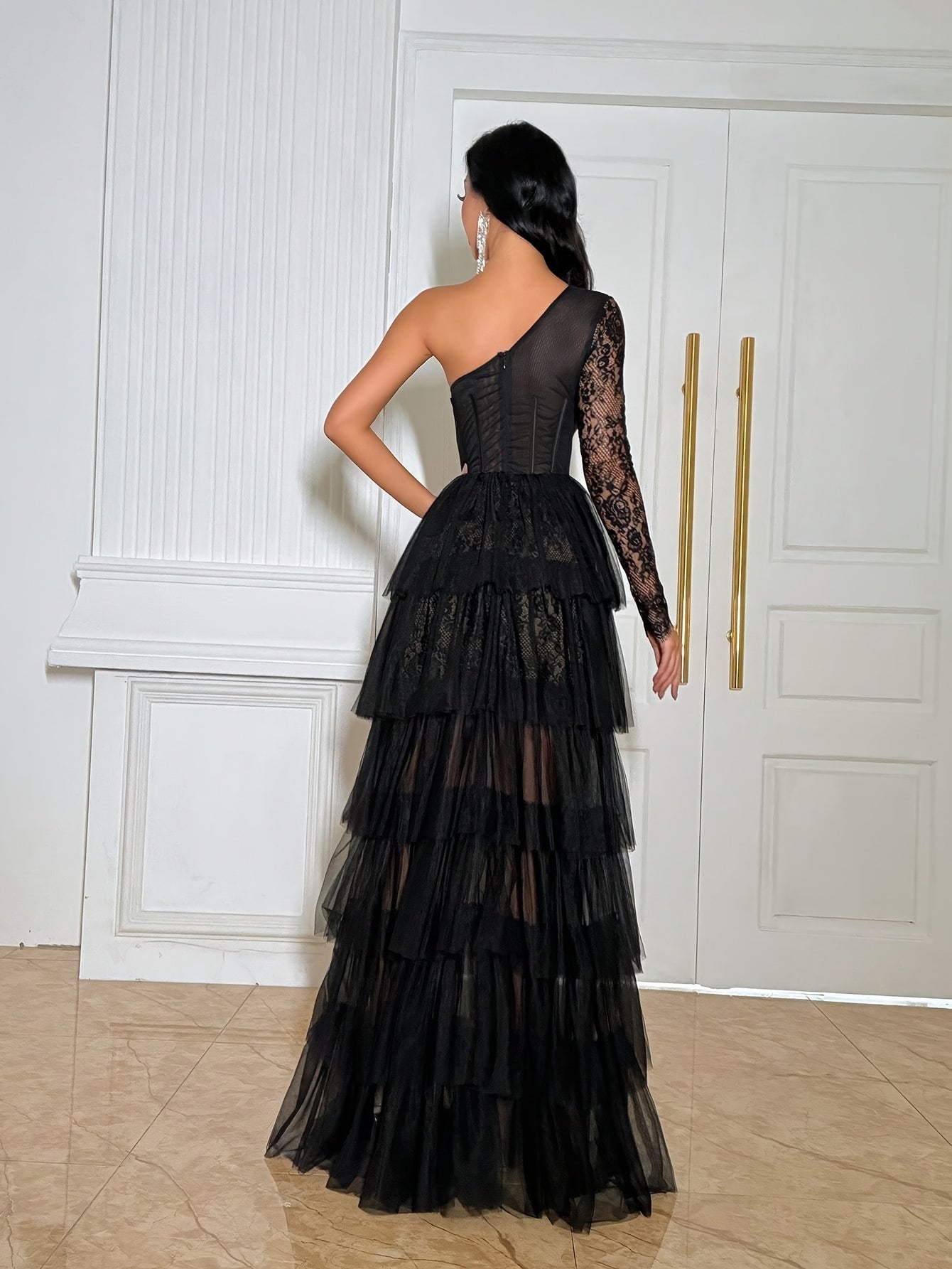 Women's Elegant One-Shoulder prom, Wedding & Party Dress - Long Formal gown with Lace Panels, Fit-and-Flare silhouette, Structured Non-Stretchy Fabric for Evening Events - QOQ Formal Attire, Special Occasion, Aline Silhouette, Delicate Detailing, Stylish
