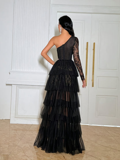 Women's Elegant One-Shoulder prom, Wedding & Party Dress - Long Formal gown with Lace Panels, Fit-and-Flare silhouette, Structured Non-Stretchy Fabric for Evening Events - QOQ Formal Attire, Special Occasion, Aline Silhouette, Delicate Detailing, Stylish