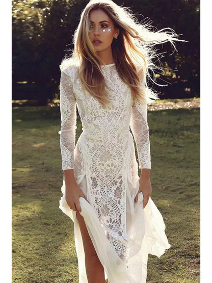 2025 European & American Women's Sexy Elegant Backless Lace Wedding Dress - Round Neck Long Sleeve A-Line Silhouette with Vertical Pleats, Machine Washable Bridal Gown for Weddings & Formal Events