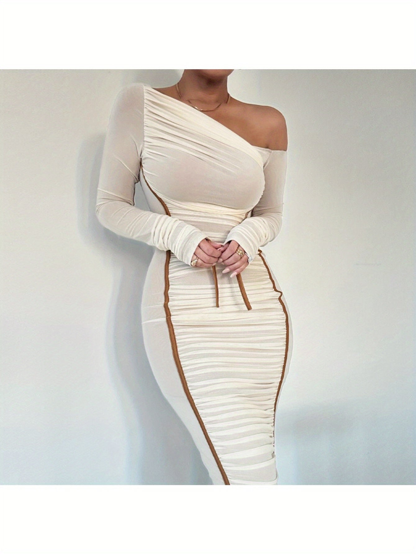 Asymmetric Neckline Diagonal Neckline Long Sleeve High Waist Empire Waist Mesh Overlay Tulle Dress Bridesmaid Dress Date Night Dress Elegance Sophistication Sexy Alluring Intelligent Refined Polished Office Wear Work Attire Fall Winter Wedding Guests