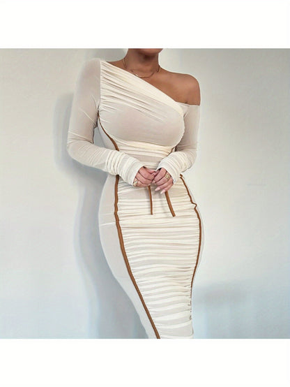 Asymmetric Neckline Diagonal Neckline Long Sleeve High Waist Empire Waist Mesh Overlay Tulle Dress Bridesmaid Dress Date Night Dress Elegance Sophistication Sexy Alluring Intelligent Refined Polished Office Wear Work Attire Fall Winter Wedding Guests